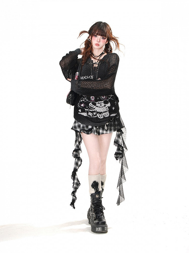 Skirt Hem Asymmetrical Mesh Patchwork Design Black Plaid Pattern Ruffled Polka-dot