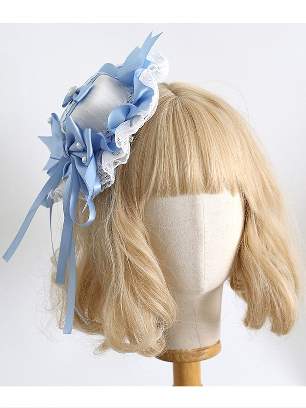 Blau-weiße Clips, Lolita-Dekordetails, süße Spitze, Perlen-Mini mit Hut und Schleife