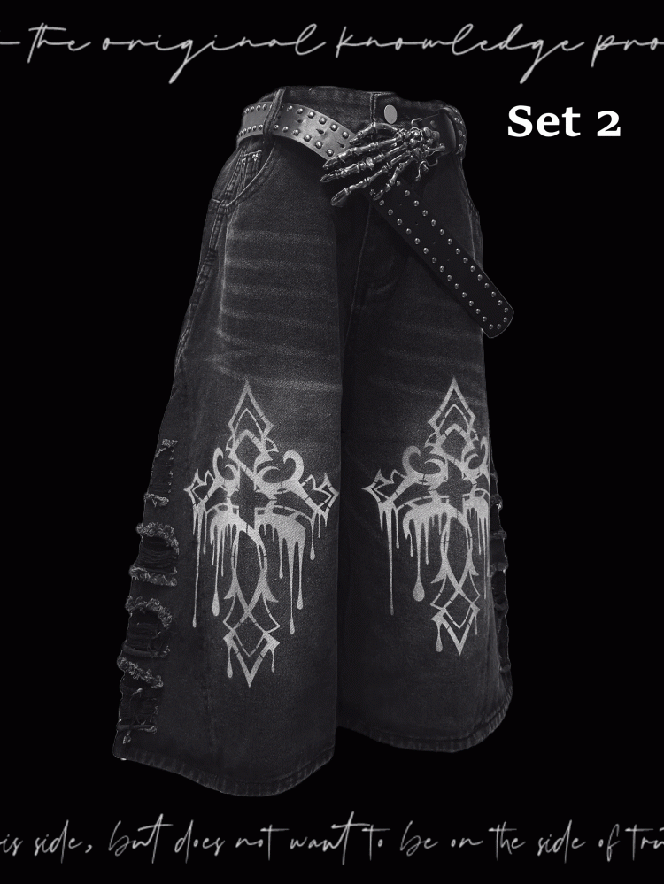 Wide-Leg Jeans Hem Raw Dark Gray Cross Print Distressed Holes