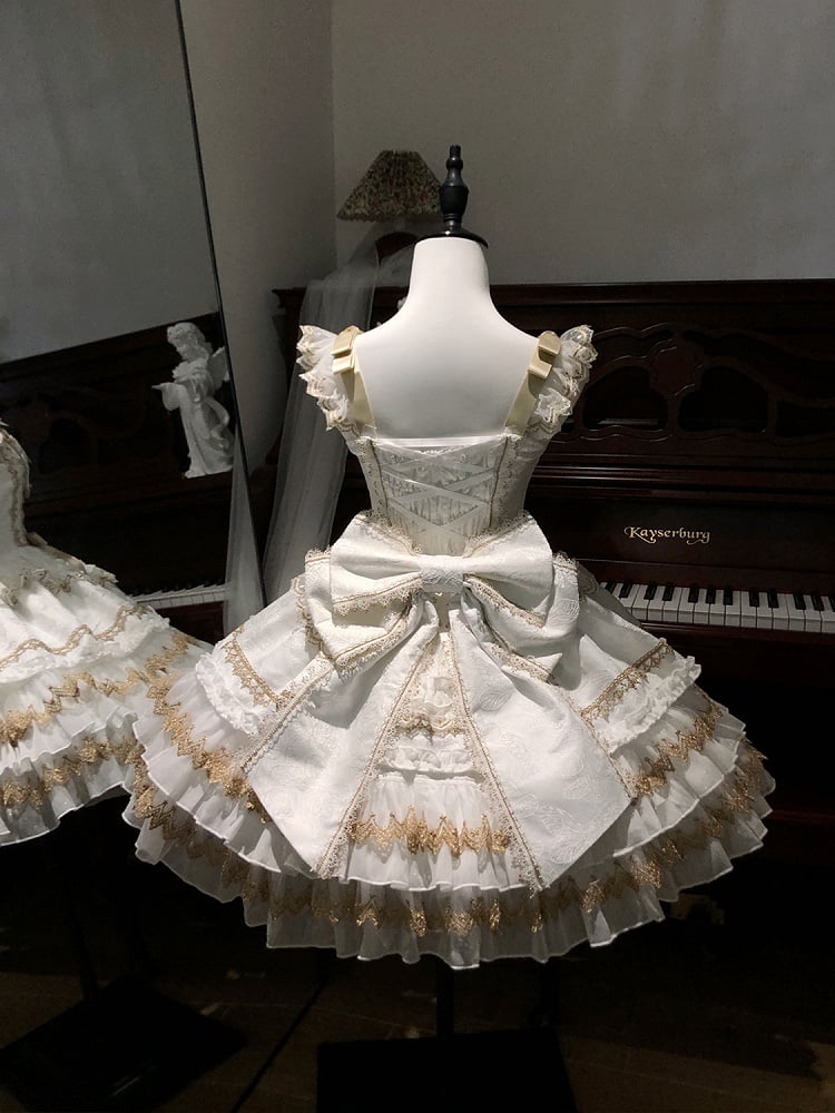 Bead Lolita Decorated White Dress Bows Chain Tiered Skirt Princess