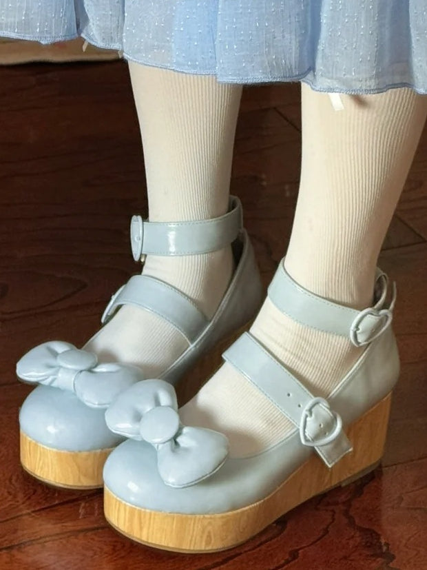 Heart Shoes Sweet Blue Buckles Top at - Bow Lolita Platform Baby