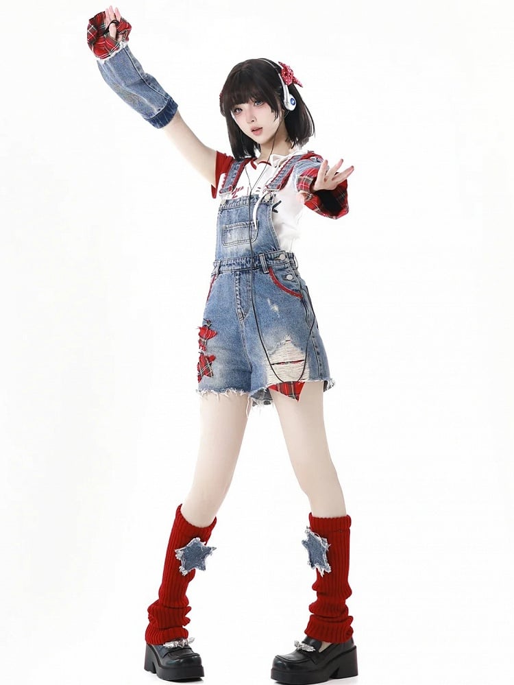 Distressed Denim Shorts Raw with Overall Appliques Blue Star Hem Holes Armwears Plaid Free