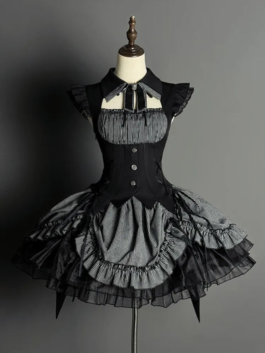 Graues und schwarzes Halloween-Gothic-Lolita-Kleid mit Kordelzug und gestreiftem Saum