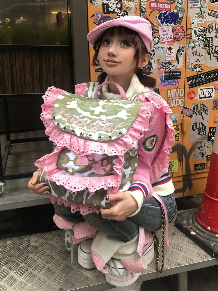 カモフラージュコントラストピンクレーストリムバックパック