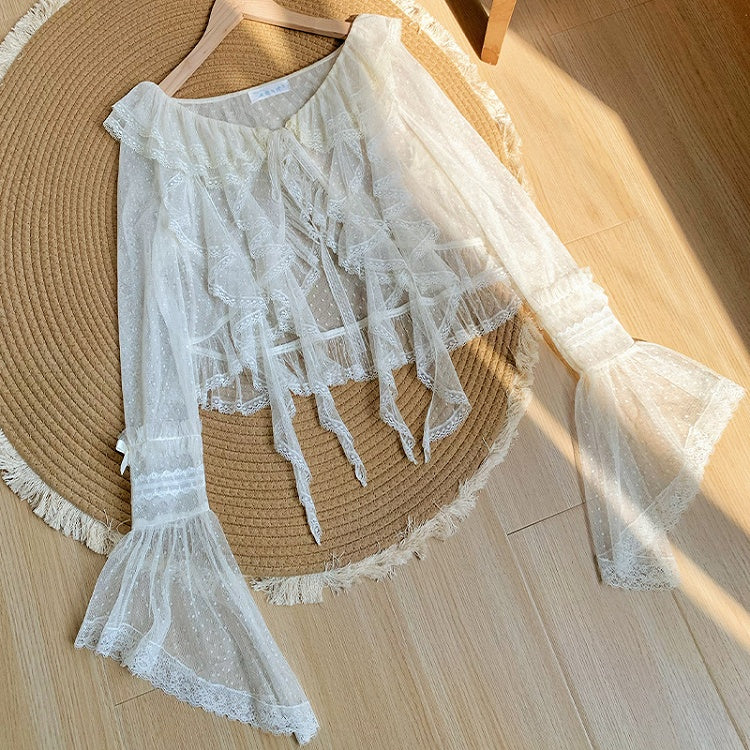 Long Sleeves Tulle Cascading Sheer Trim Top Beige Ruffle Dotted
