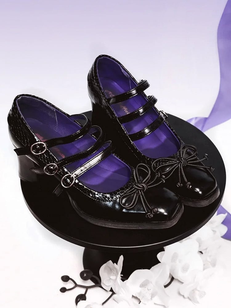 Square Accent Toe Gothic - 6.5cm Heels Bow PU Black Lolita Block Knotted