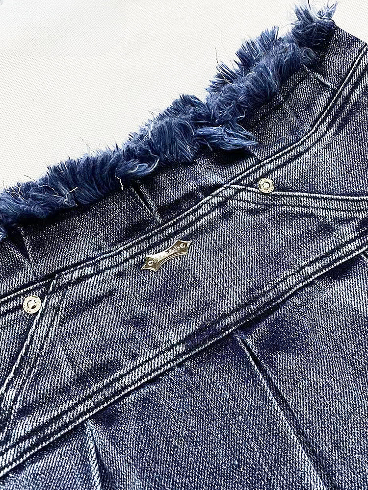 Y2K Vintage Dunkelblauer Distress Trim Denim Glamouröser Rock + Schnallengurt Plüschbesatz Beinwärmer