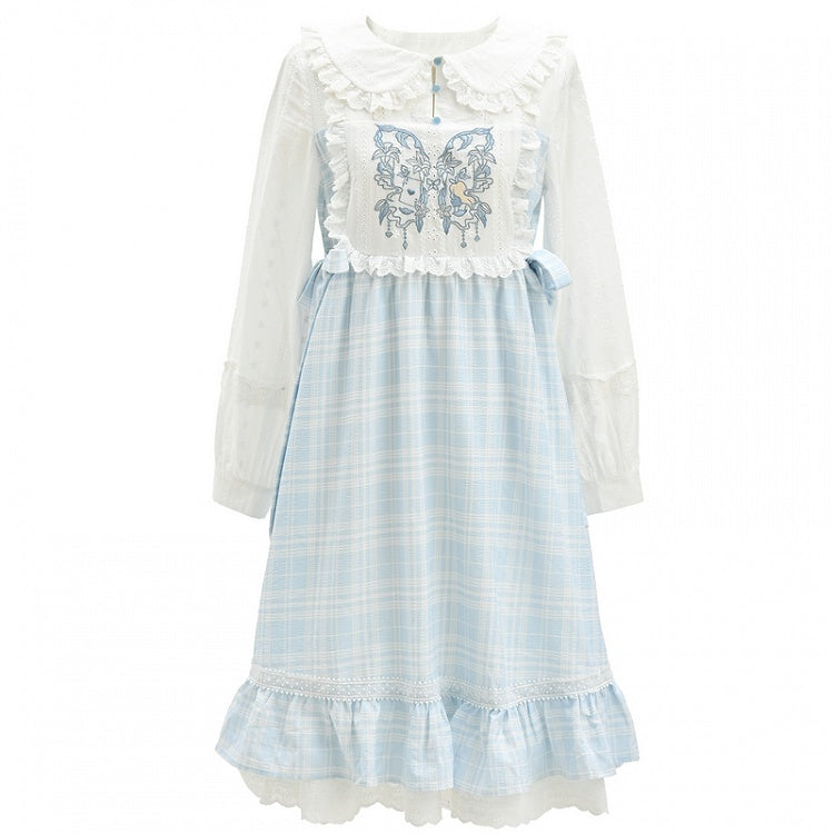 Alice in Wonderland Vibes Blue & White Plaid Butterfly Embroidery Mori Kei Dress