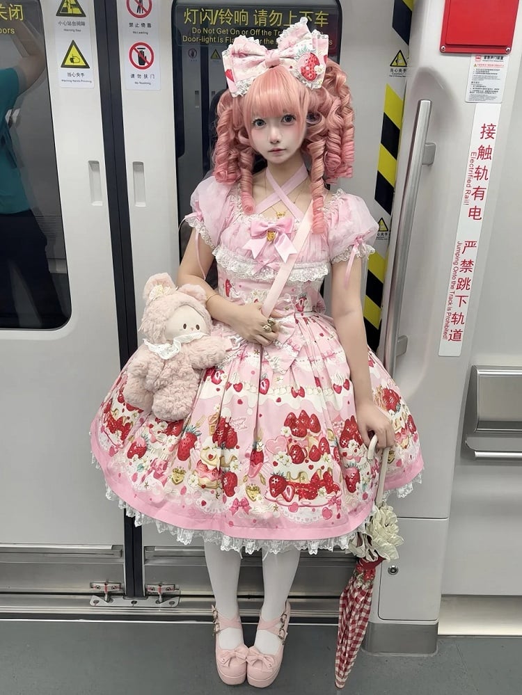 Pink Print Dress Lolita Cake Short Sleeves Sweet Strawberry