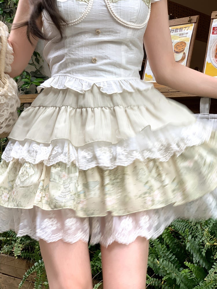 Light Vintage Print Lace Trim Tiered Skirt Green Elastic Waist