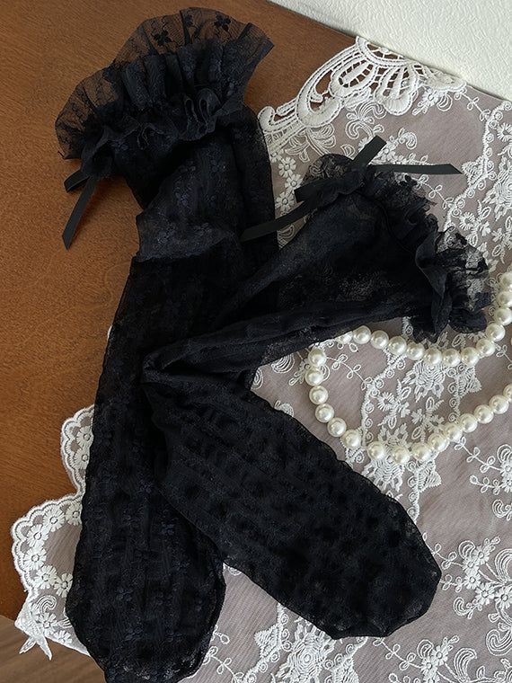 Trim Lace Under-Knee Floral White/Beige/Black Lolita Stockings