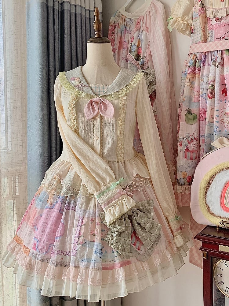 Cottagecore Patchwork Print Sweet Lolita Skirt with Detachable Straps Short Version