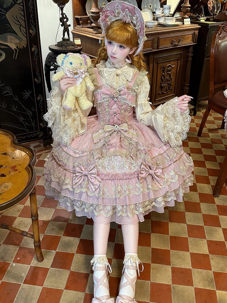 Bow Chain Bead Neckline Pink Lolita Dress Princess Flower Gorgeous