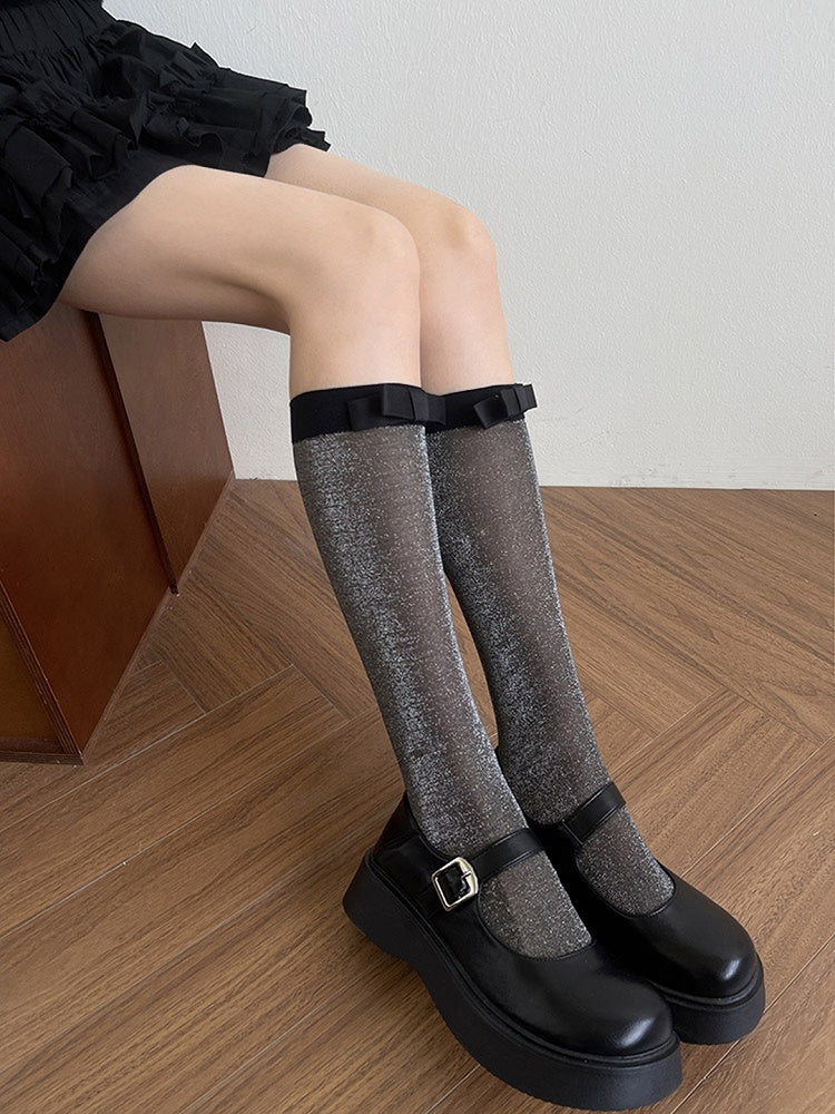 Grey/Black Underknee Details Bowknot Stockings Semi-sheer Light