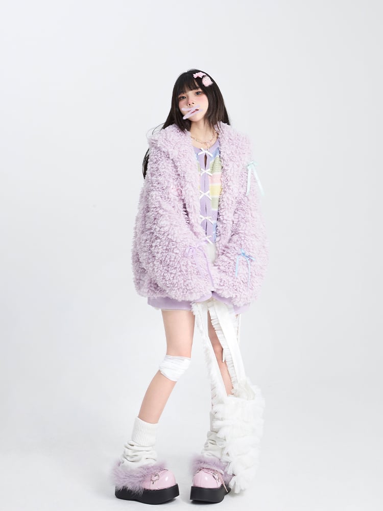 Coat Ribbon Design Zip-Up with Purple Hoodie Bows Plush