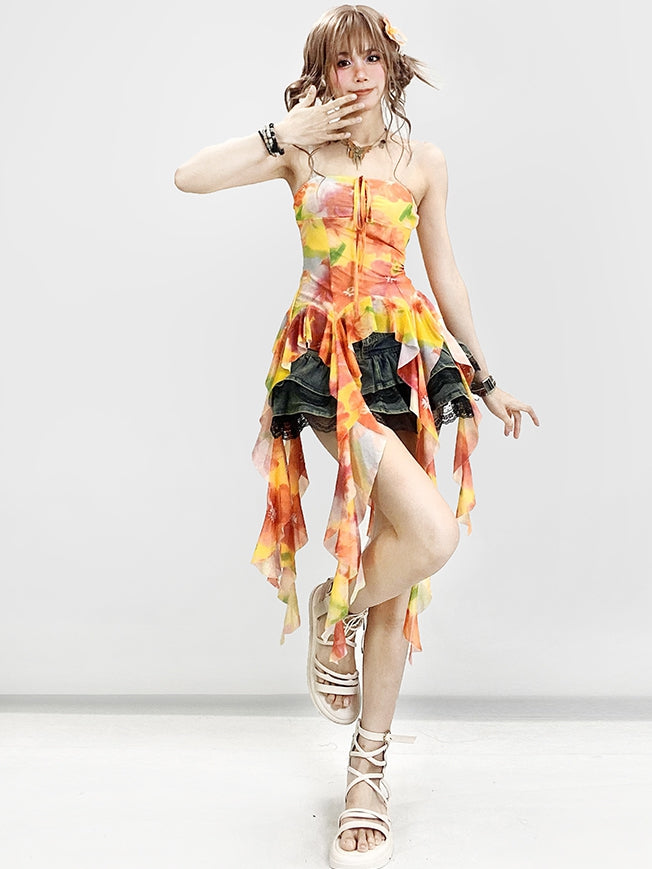 Print Top Ruffle Accents Orange Tube Holiday Floral Cascading