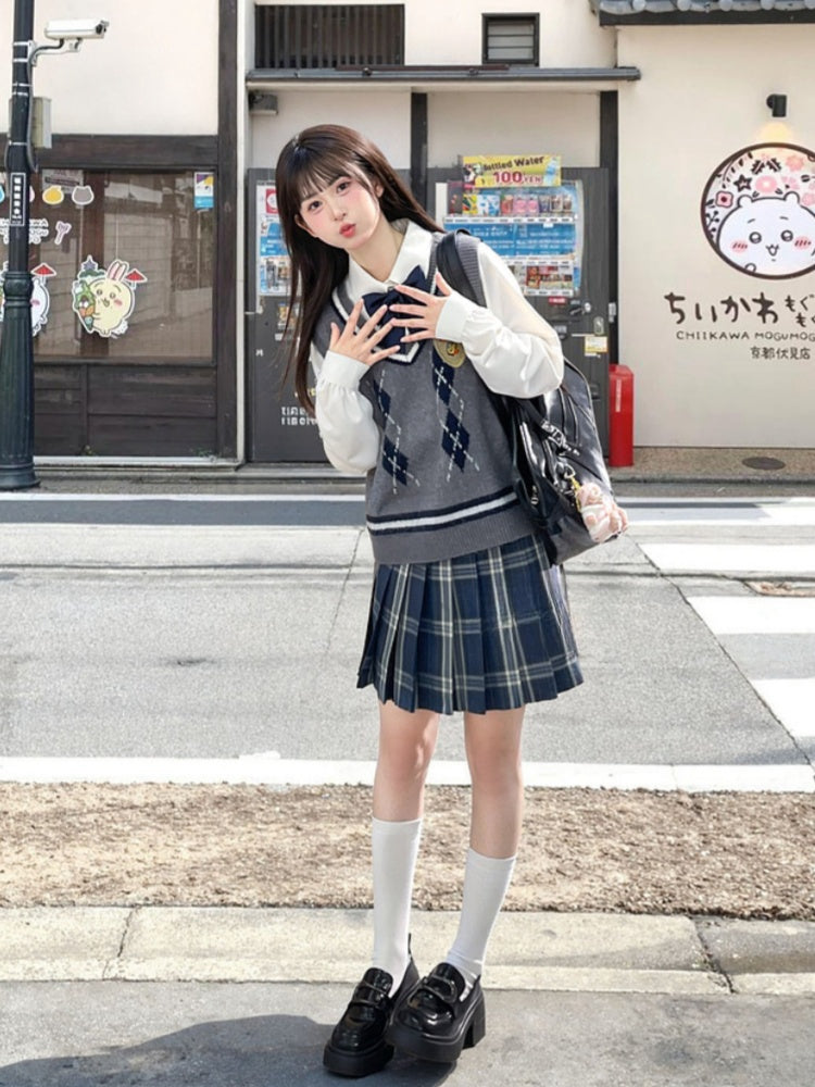 Style 42CM/45CM/48CM/56CM/65CM JK Uniform Pleated Skirt Navy Blue Plaid Preppy