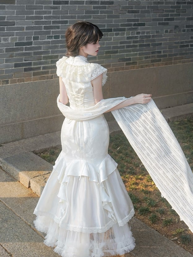 フリルマーメイドバタフライジャカードトリムドレスチーチーパオロリータカスケーディングカラー