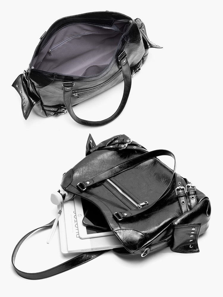 Bag Capacity Studded Tote With Strap AccentsLarge Black Buckle