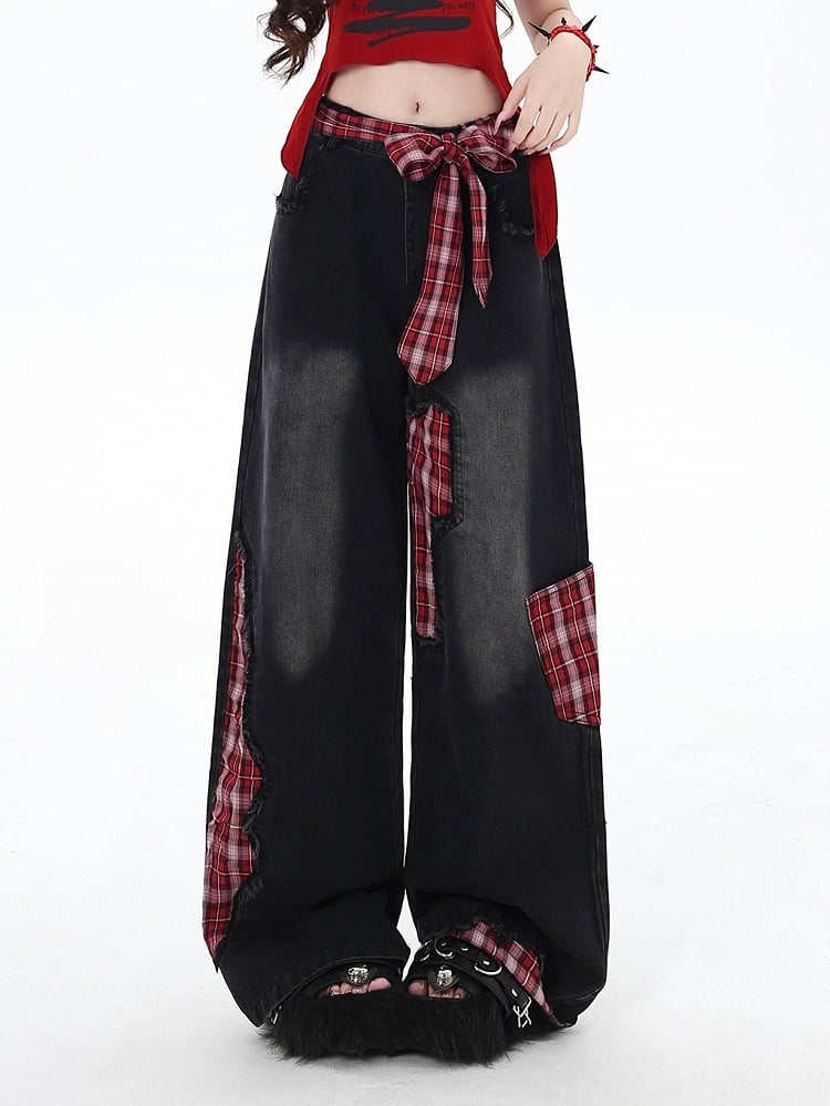 Black Street Wide-leg Bowknot Plaid Jeans High Cut Red