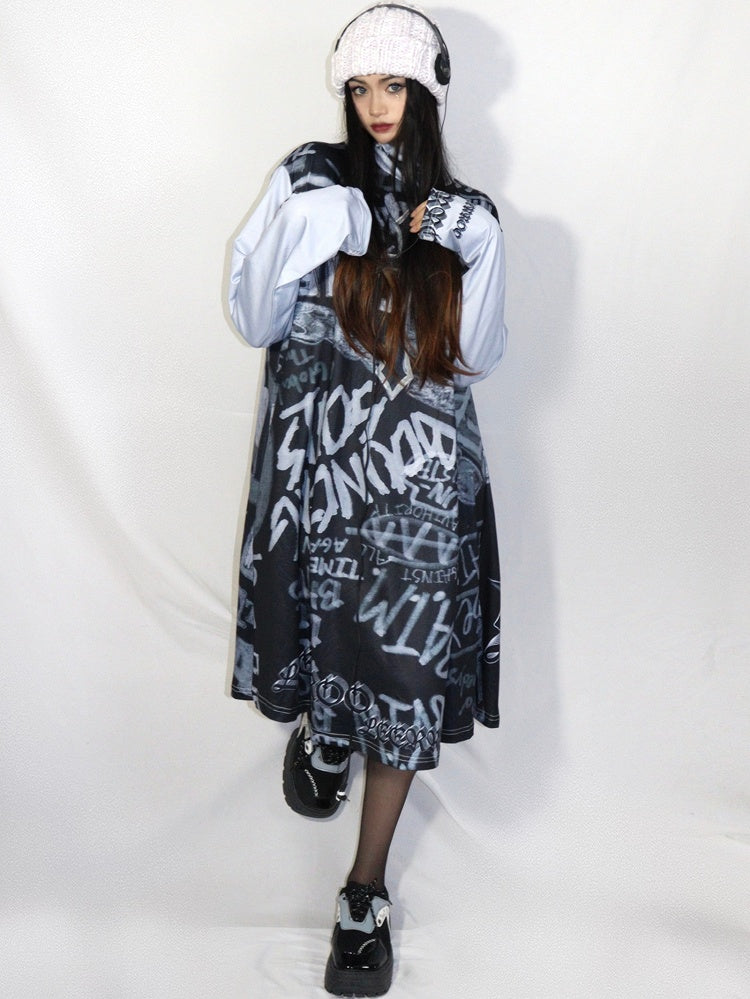 Fashion Print Gyaru Gray Letter Dress
