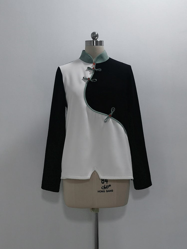 and Banded Buttons Long Sleeves White Knot Black Collar Ouji Fashion Green Top