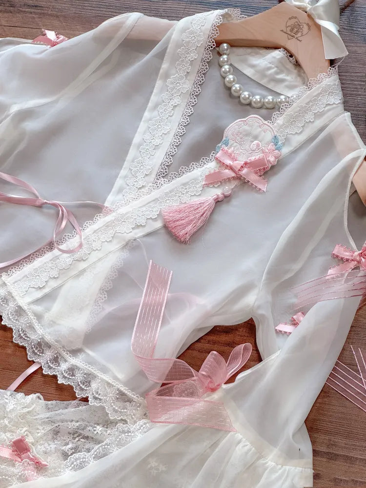 Creamy Bell Sleeves Han Lolita Blouse with Small Pink Bowknots