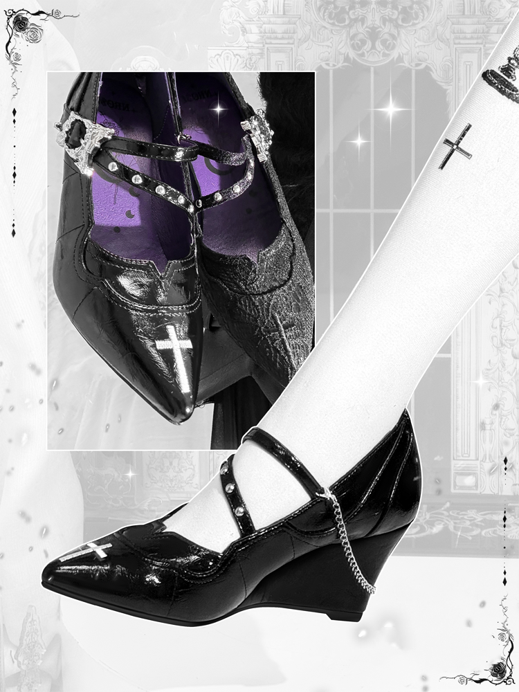 Toe Gothic Heel Black Jane Pointed Dark Mary Embroidery Cross Shoes Chunky 7cm