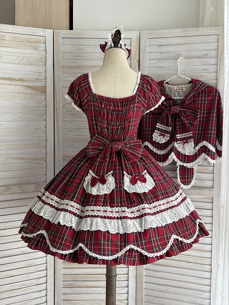 mit Lolita-Scalloped und Puff Trim Schleife Akzente süße Plaid Rand Ärmel rot