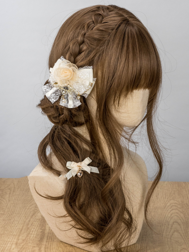 Jirai Kei Pink/Apricot/Black Lace Rose Beaded Chain Lolita Hairclip