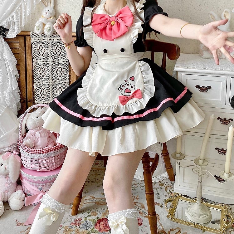 Black and Pink Sweet Maid Lolita Kitty Paw Apron Dress