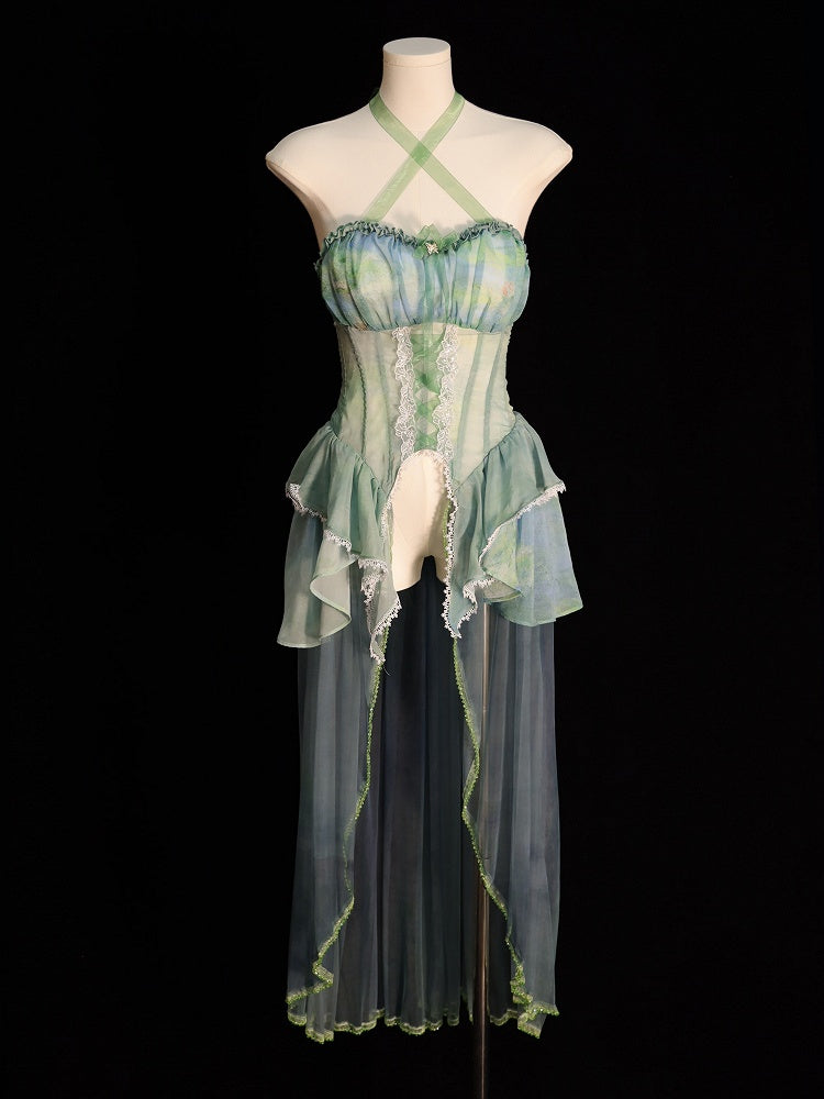 Fairy Oil Tiered Flounce Hem Halter Boned Corset Top Green Painting Print