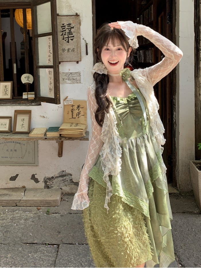 Green Handkerchief Hem with Dress Shoulder Mori Kei Cami Straps Self-tie