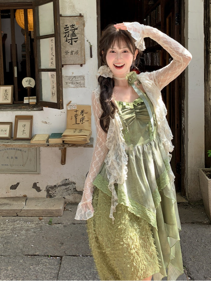 Self-tie Straps Mori Kei Cami with Dress Shoulder Green Handkerchief Hem
