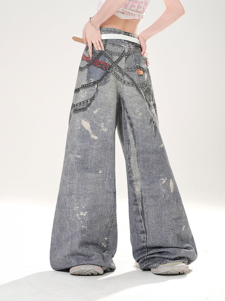 Blue Low Print Wide-leg Jeans Waist Spray Paint Chains