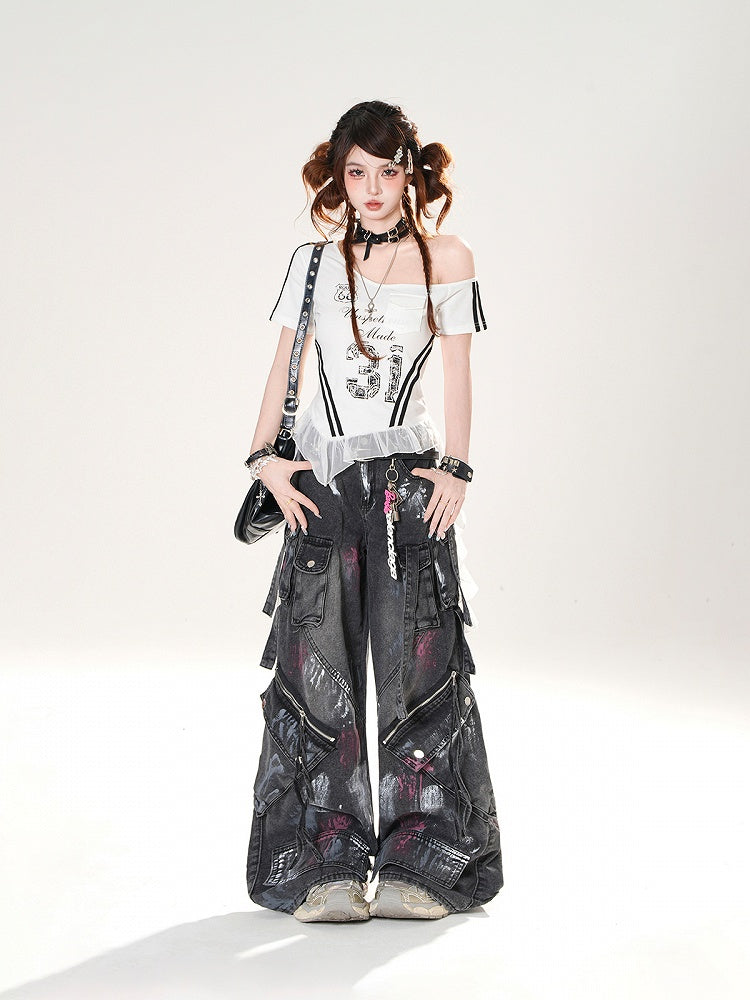 Distressed Black Wide-leg Jeans Rise Zipper Details Low Spray Paint Print