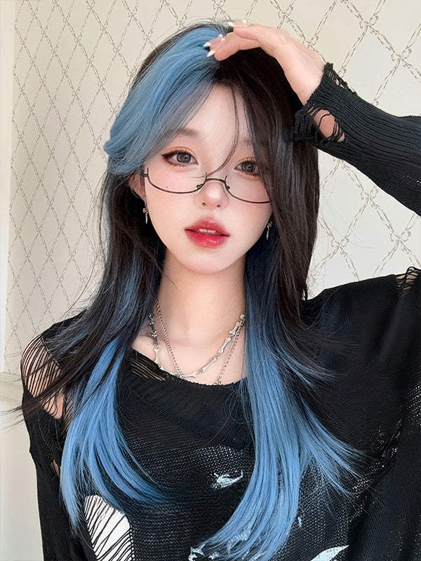 Black and Blue Highlights Long Straight Synthetic Wig With Bangs