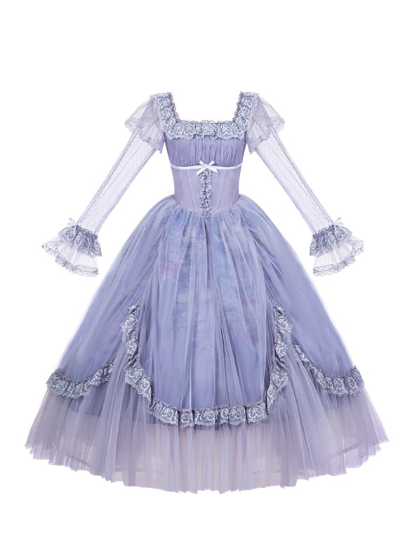 Print Lily Long Oil Dress Water Neckline Painting Sleeves Purple Lolita Skirt Classic Square