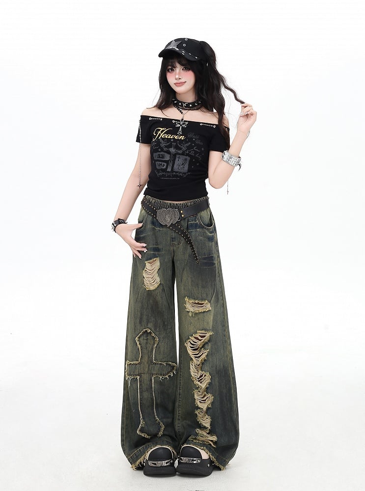 Y2K Cross Applique Blue Distressed Holes Wide-Leg Jeans Vintage