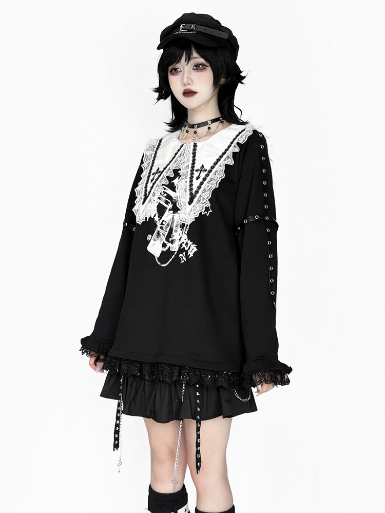with Black Top: Criss-Cross Cross Pointed Harajuku Style Collar White Jirai Straps Kei Sleeve