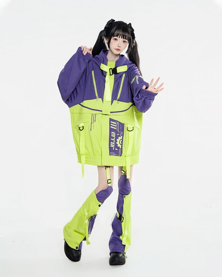 Colorblock Jacket Wear Landmine-Inspired Green Design Detachable in Futuristic Purple Two-Ways and