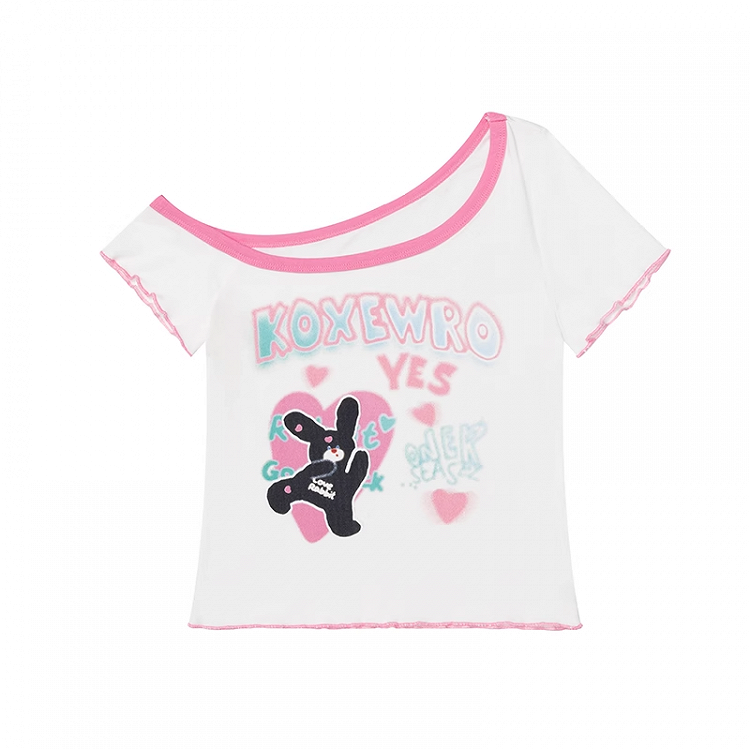 Asymmetrical Neckline Cute Bunny Print Pink Lettuce Hem White