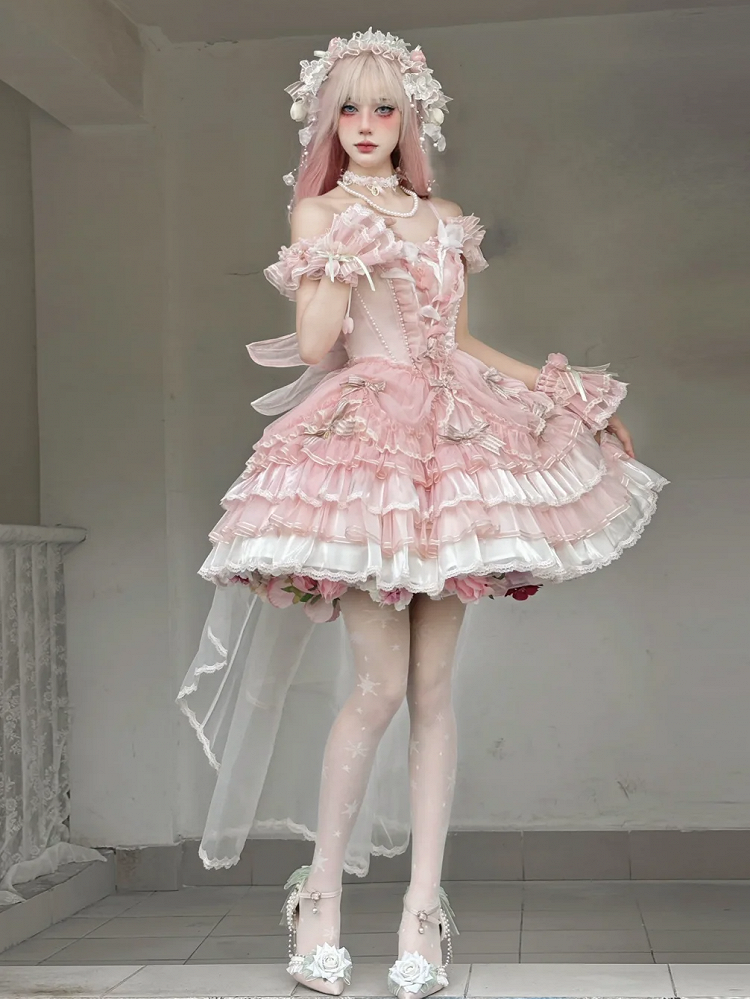 Theme Pink Tulip Lolita Dress Balletcore Hime Layered Skirt