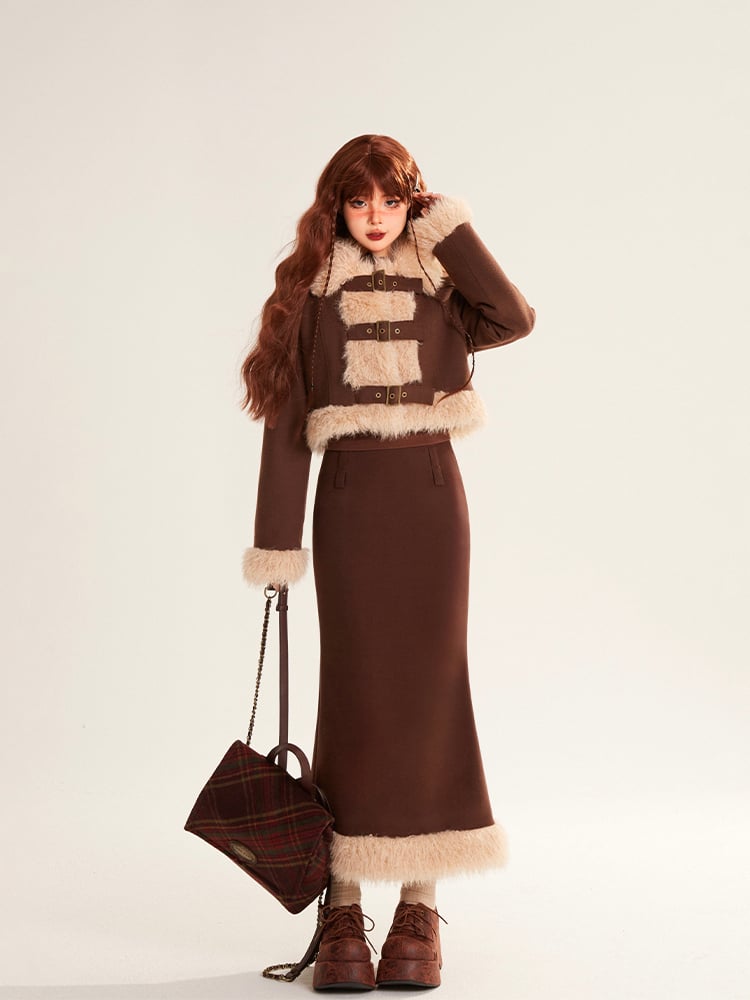 Coffee Zipped Buckle Trimmed Coat Pencil Skirt Straps Faux with Set Crop Fur