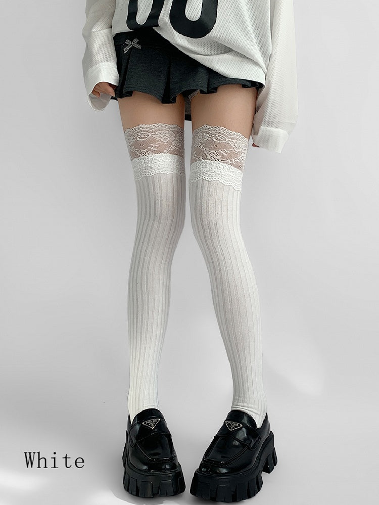 Lace Gray/Beige/Light Gray White/Black/Dark Knitted Over-knee Trim Stockings