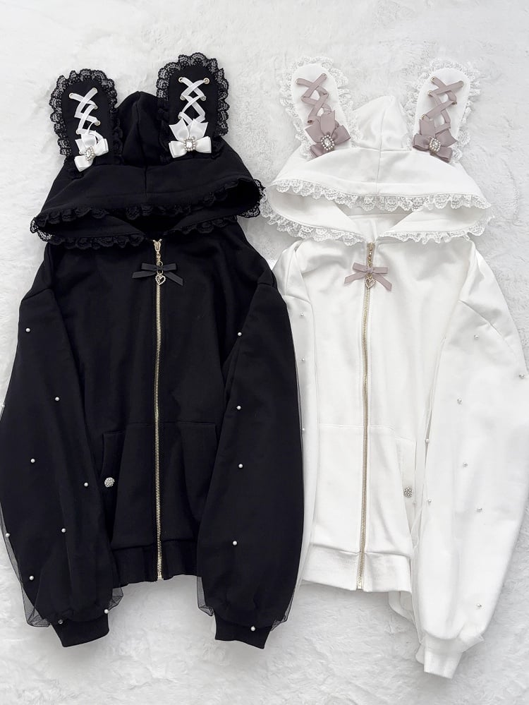 Jirai Kei – Kapuzenpullover mit weißem Hasenohren-Spitzenbesatz und Perlendetails