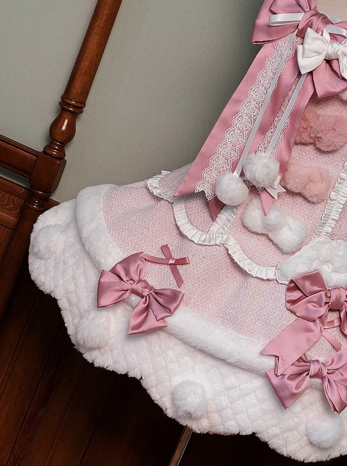 Pom-poms Pink with Lolita Overalls Trim Scalloped Sweet Dress White Bowknots Edge and