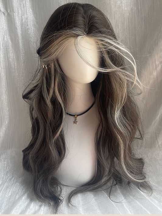 Brown And Blonde Highlights Long Wavy Synthetic Wig With Bangs