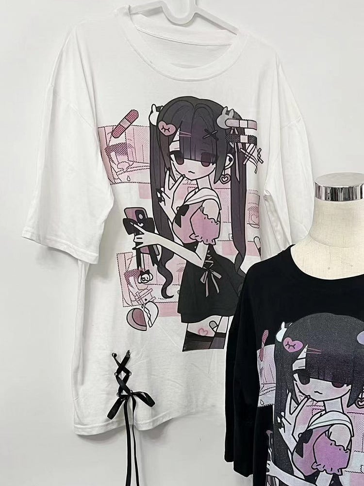 Jirai Kei T-Shirt mit Schnürung und Cartoon-Print in Weiß