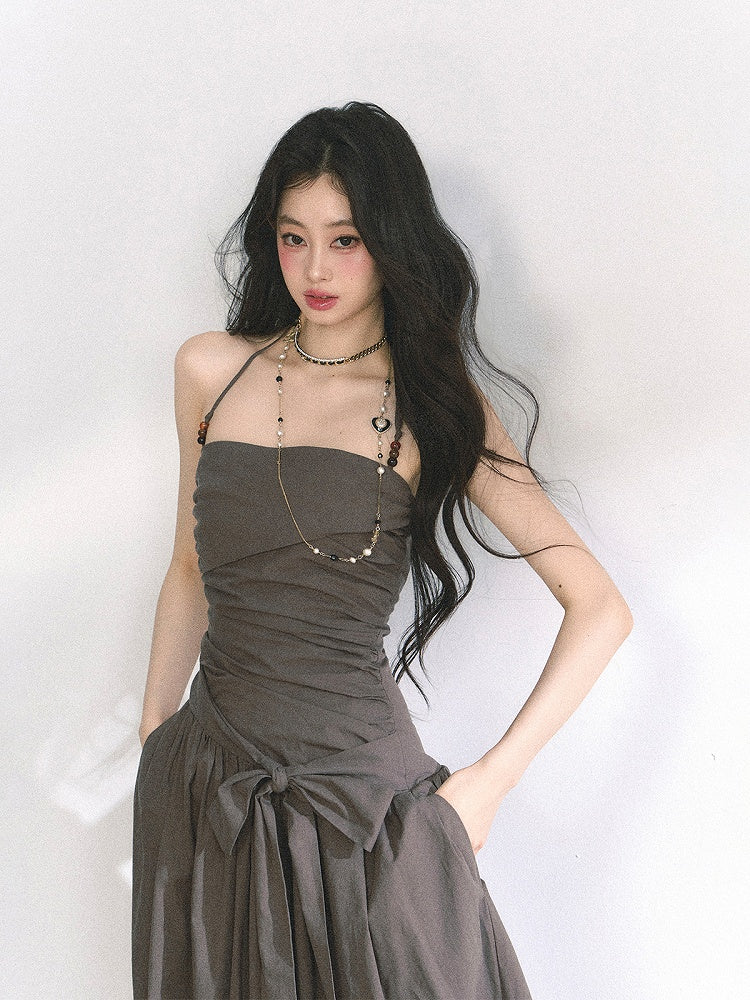 Pink/Gray Ruched Design Self-tie Bow Halter Neck Dress